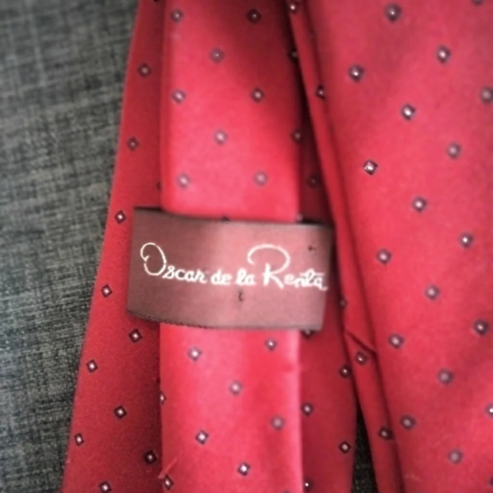 Oscar de la Renta Red with Blue And White Polka Dot Pattern Tie